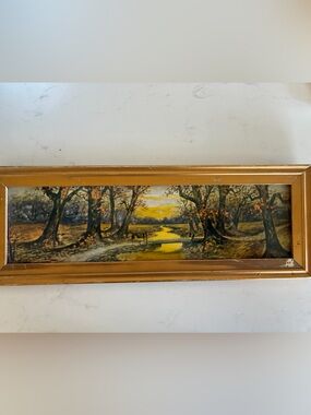 Vintage Gold-Wood Framed landscape Art Print  glowing yellow stream & trees